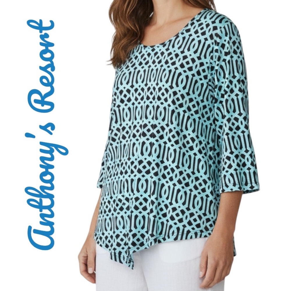 Anthony's Resort Florida By Lulu-B Top UPF50+ Asymmetric 3/4 Sleeve Sz L NWOT